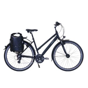 HAWK Trekking Premium Fahrrad inkl. Tasche – Black Damen 28 Zoll – Rahmenhöhe 44 cm  - Fahrrad mit Microshift 24 Gang Kettenschaltung & Beleuchtung I Allrounder I Schwarz