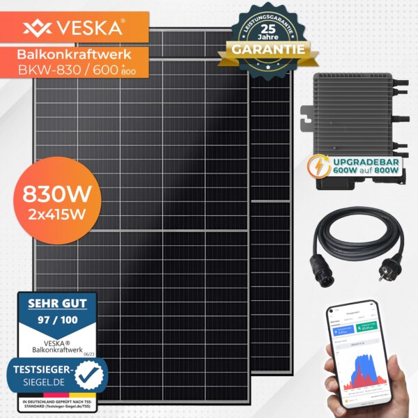 Veska Balkonkraftwerk 830 W / 600+800W Photovoltaik Solaranlage Steckerfertig WIFI Smarte Mini-PV Anlage 600 Watt genehmigungsfrei