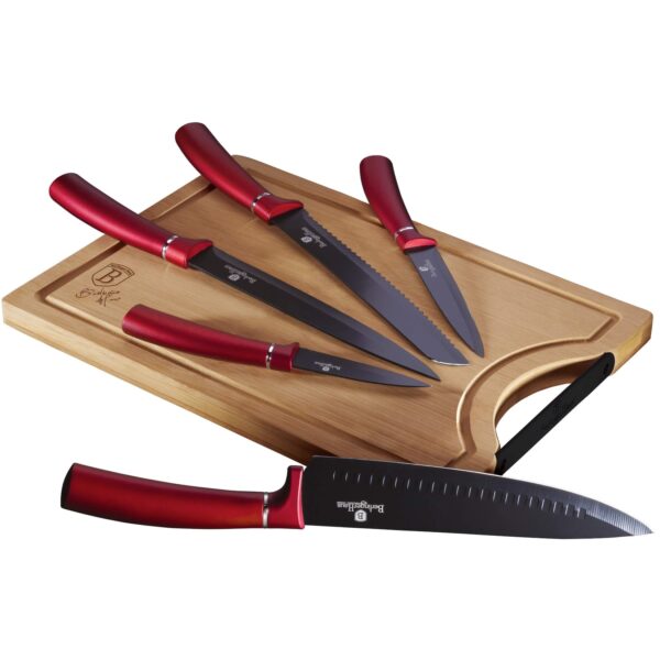 Berlinger Haus Metallic Line Burgundy BH/2552A Messer Set 6-tlg. in rot mit Schneidebrett aus Bambus