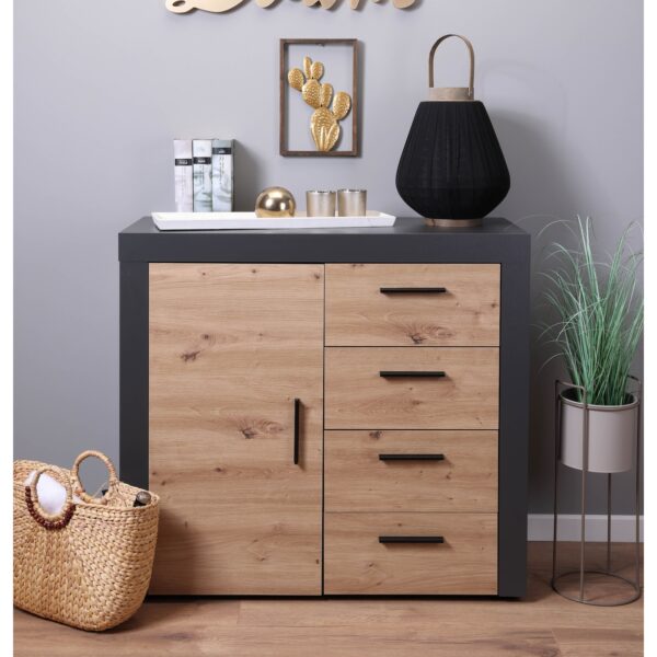 Inter Link Kommode Sideboard Corbeto - Anthrazit und Eiche Artisan Nachbildung - 4 Schubladen/1 Türen