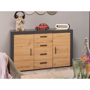 Inter Link Kommode Sideboard Corbeto - Anthrazit und Eiche Artisan Nachbildung - 4 Schubladen/2 Türen