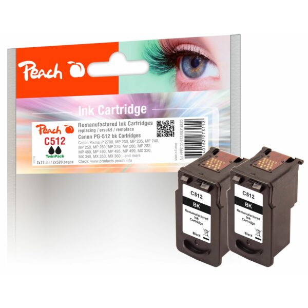 Peach C512 BK 2 Druckköpfe XL 2*bk ersetzt Canon PG-512BK*2