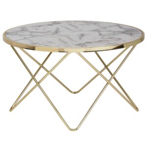 FineBuy Design Couchtisch Marmor Optik Weiß Ø 85 cm Gold Wohnzimmertisch Rund