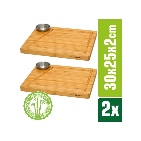 2er-Set Bambus-Servierbrett + Dip-Schale 30x25cm Holz-Steak-Teller Speiseteller