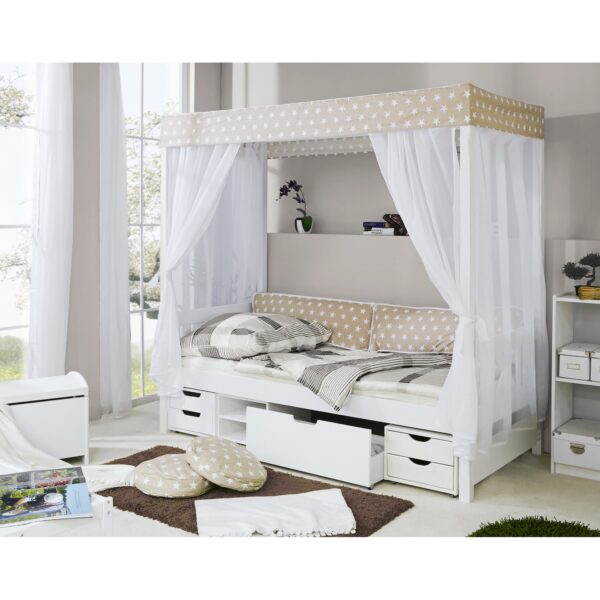 TiCAA Himmelbett "Beige" 310 Kiefer Weiß (Beige/Weiß Stern)