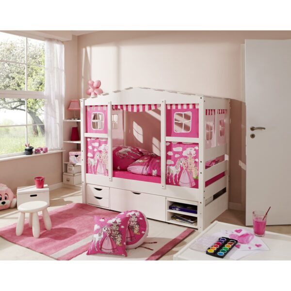 TiCAA Hausbett Mini mit Bettkasten "Horse Pink" Kiefer Weiß