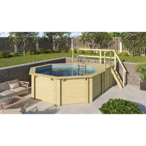 Karibu   Achteck Massivholz Pool 358 x 358 x 124 cm Modell 1B   SET inkl. Sonnenterrasse 94