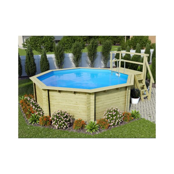 Karibu   Achteck Massivholz Pool 428 x 428 x 124 cm Modell 2B   SET inkl. Sonnenterrasse 94