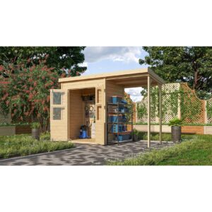 Karibu Gartenhaus "Kano 2" SET mit Anbaudach   naturbelassenes Fichtenholz