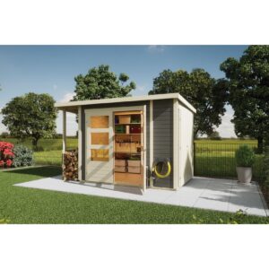 Karibu Gartenhaus 19 mm Multi Pultdach mit Schrank und Anbaudach terragrau inkl. Fußboden & Dacheindeckung