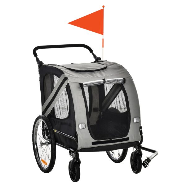 PawHut 2-in-1 Hundewagen und Anhänger mit Luftpumpe und roter Fahne grau 140L x 72