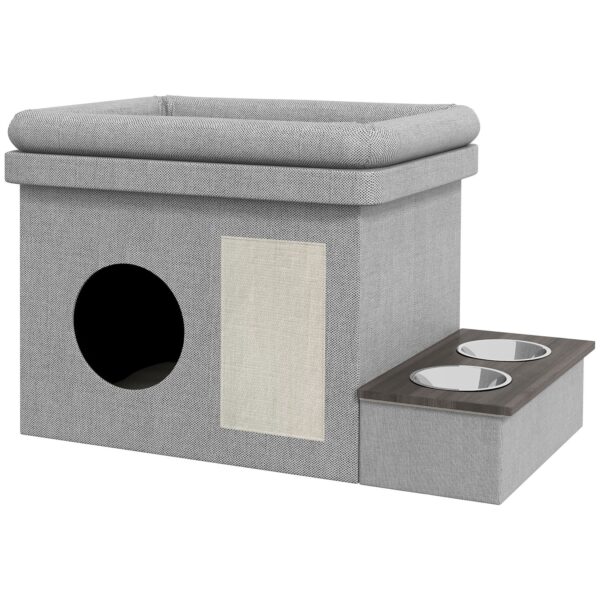 PawHut Katzenhaus mit Futternapf und Liegedach grau 78L x 48B x 49