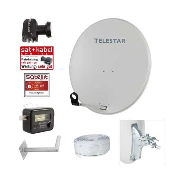 TELESTAR Sat Anlage HD Komplett-Set mit Quad-LNB Wandhalter Satfinder