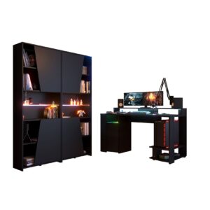 Gamer Set Gaming 1 Parisot 3-tlg. Schreibtisch 152 x 62 cm + 2x Regal B 67 cm schwarz LED Beleuchtung