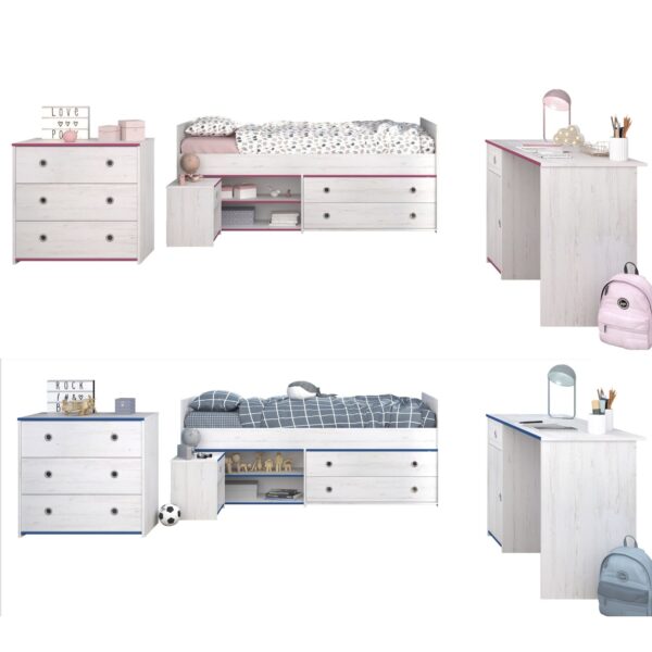 Kinderzimmer Smoozy 37 Parisot 4-tlg Bett + Nachtkommode + Schreibtisch + Kommode weiß