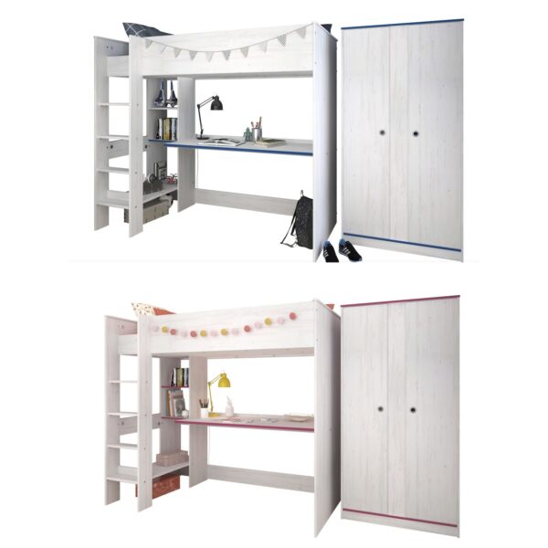 Kinderzimmer Smoozy 4 Parisot 2-tlg. weiß Hochbett 90*200 cm inkl. Schreibtisch + Kleiderschrank