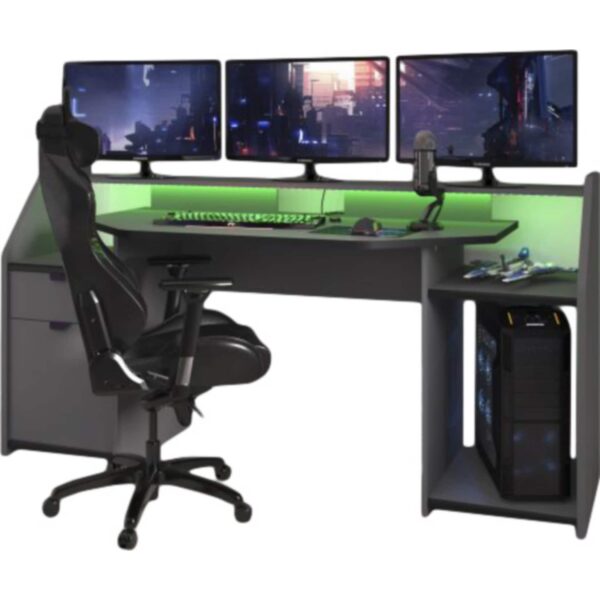 Schreibtisch Gamer Set up 180 x 90 cm ABS-Kante LED Beleuchtung Parisot grau - schwarz