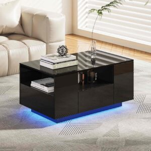 Makika LED Couchtisch / Design Wohnzimmertisch mit Ablagefach und Schubladen - Schwarz Hochglanz