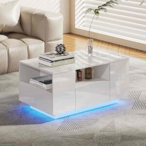 Makika LED Couchtisch / Design Wohnzimmertisch mit Ablagefach und Schubladen - Weiß Hochglanz