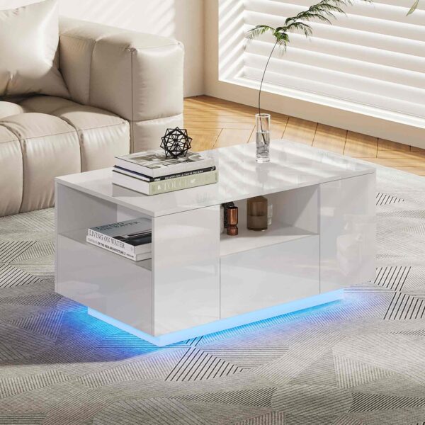 Makika LED Couchtisch / Design Wohnzimmertisch mit Ablagefach und Schubladen - Weiß Hochglanz