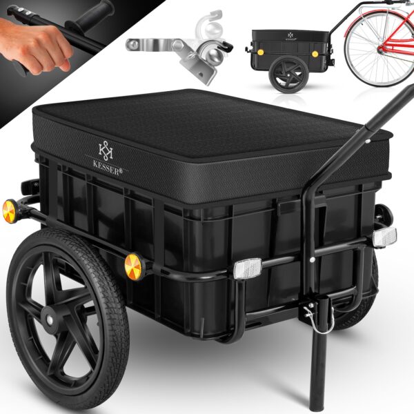 KESSER® Fahrradanhänger Lastenanhänger Handwagen mit Kupplung Hochdeichsel für Fahrrad Transportanhänger Transportbox mit 70 Liter Volumen Max. 60kg  für Fahrräder mit 26'' - 28''