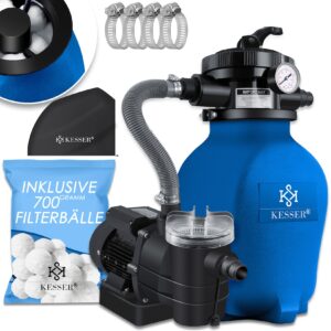 KESSER® Sandfilteranlage Sandfilter + 700g Filterbälle ersetzen 25kg Filtersand 7-Wege Ventil mit Druckanzeige Poolfilter 10 m³/h Filteranlage Filterkessel für Pool Schwimmbecken 10.200 L/h