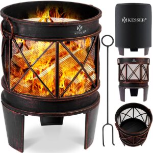 KESSER® Feuerschale Inkl. Abdeckung Feuerkorb mit Funkenschutz & Griffen + Schürhaken Feuerstelle 58 x 45 cm für Garten & Terrasse Metall Antik-Rost-Optik Multifunktional Fire Pit Heizung BBQ