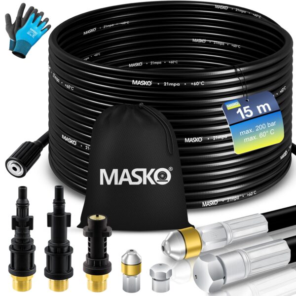 MASKO® Premium Rohrreinigungsschlauch Set Abflussreiniger 200 bar inkl. Tasche 3 Adapter 2 Düsen + rotierend kompatibel mit Kärcher k2-k7 LAVOR Hochdruckreiniger universal Rohrreinigungsset