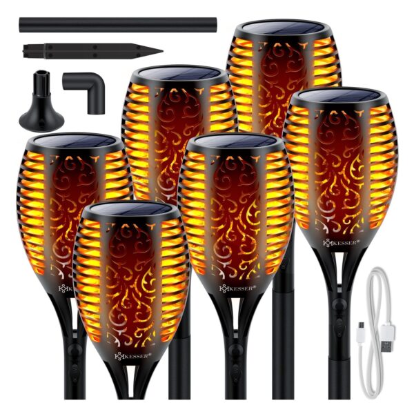 KESSER® Gartenfackel Solar Set Solarleuchten Flamme mit Wandhalterung + Erdspieß Licht-Sensor Wetterfest Garten Solarleuchte Fackel Lichter LED Gartenlampe Solarlampe Flammenlicht