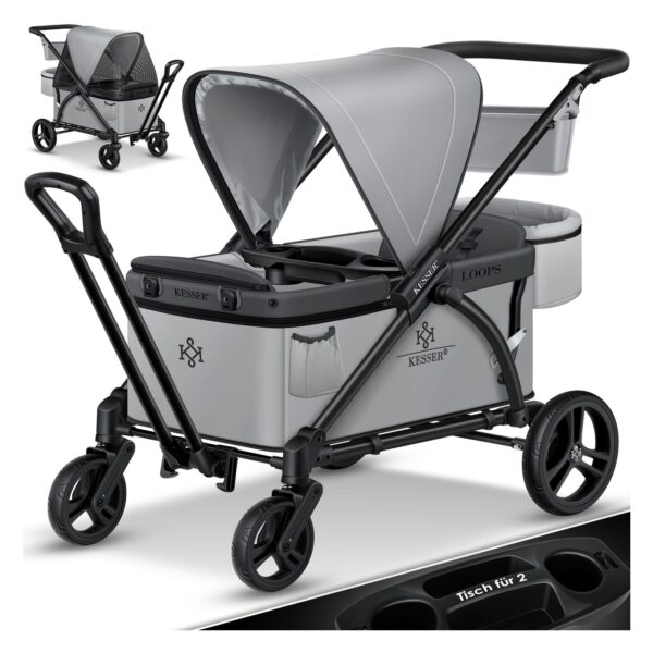 KESSER® Bollerwagen Faltbar Loops 2in1 Kinderwagen Handwagen mit Dach Transportwagen klappbar inkl. 2X 5-Punkt Gurtsystem Kinder 360° Vollgummi-Reifen Vorder- und Hinter-Bremse + Tragetasche