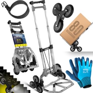 MASKO® Stufen-Sackkarre Treppenkarre Klappbar 80 kg Tragkraft 3x3 Treppensteiger inkl. Rädern + 2 Expanderseile + Handschuhe - höhenverstellbarer Griff - Aluminium Handkarre für Transportkarre