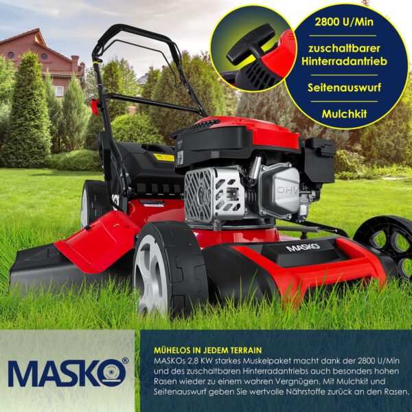 MASKO® Benzin Rasenmäher 5in1 Radantrieb EasyClean Reinigungsfunktion Mulchfunktion Seitenauswurf hohe Schnittbreite 8-fache Schnitthöhenverstellung   4 Takt Motor   inkl. Fangkorb