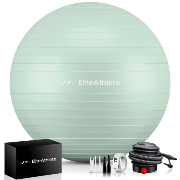 EliteAthlete® Gymnastikball Sitzball Büro ergonomisch mit Anti Burst System - Fitness Yoga Pilates Schwangerschaft - Schwangerschaftsball Fitnessball Yogaball - Yoga Ball inkl. Luftpumpe - Mint 65cm