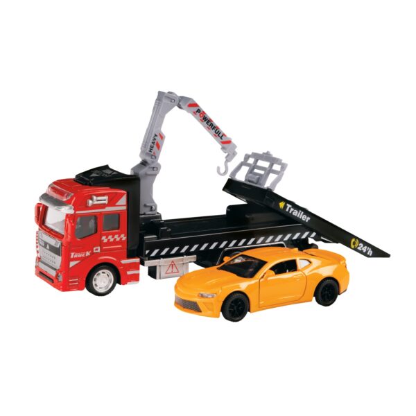 Toi-Toys 24087B - Metal World Spielzeugauto - Abschleppwagen mit Hebebühne & Auto abschleppen