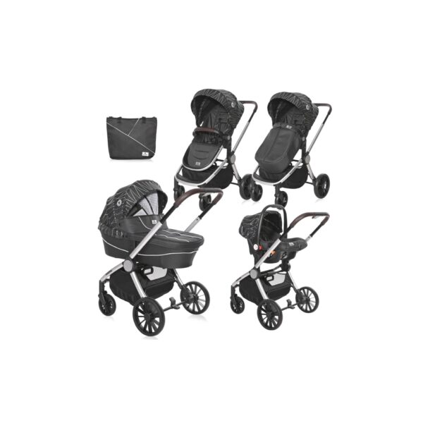 Lorelli Kombikinderwagen Ramona 3 in 1 Babyschale Sitzeinheit Wickeltasche Korb schwarz/grau