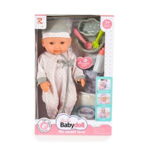 Moni Kinderpuppe 36 cm Mütze Pyjama Besteck Schüssel