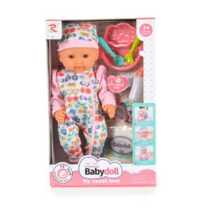 Moni Kinderpuppe 36 cm Mütze Pyjama Besteck Schüssel