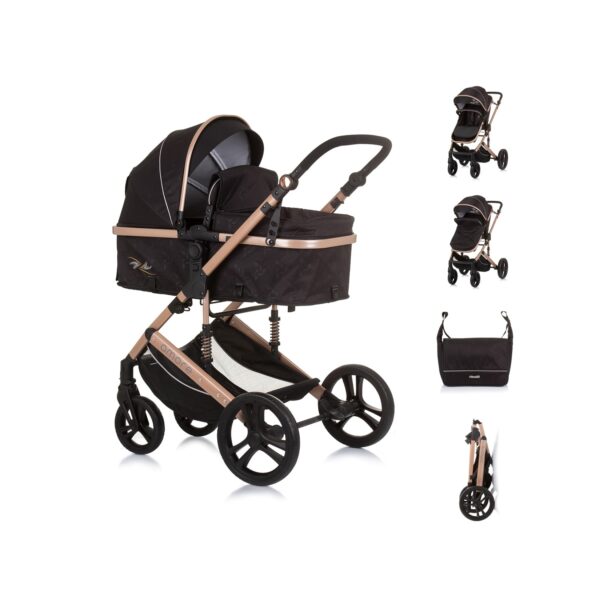 Chipolino Kinderwagen 2 in 1 Amore Getränkehalter Wickeltasche Fußabdeckung Korb schwarz