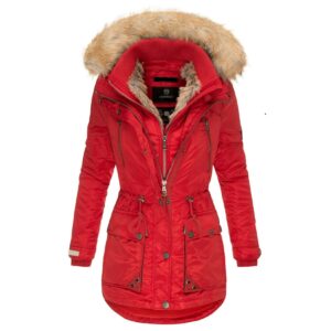 MARIKOO Damen Designer Wintermantel Winter Parka mit Kunstpelz-Kapuze Grinsekatze