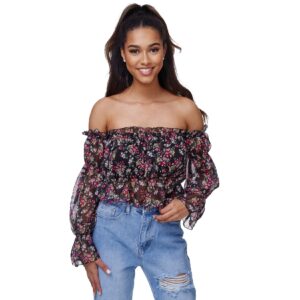 RAYSHYNE Damen Carmenbluse mit floralem Print Schulterfreies Crop Top in Einheitsgröße RS02