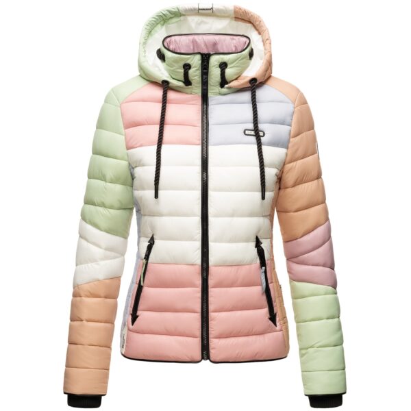 NAVAHOO Damen Steppjacke leichte Übergangsjacke mit Kapuze im Colourblocking Stil Lulana Multikulti