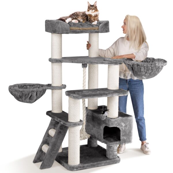 HAPPYPET Kratzbaum Massiv XL Katzenbaum stabil 156 cm Kletterbaum Groß   Grau