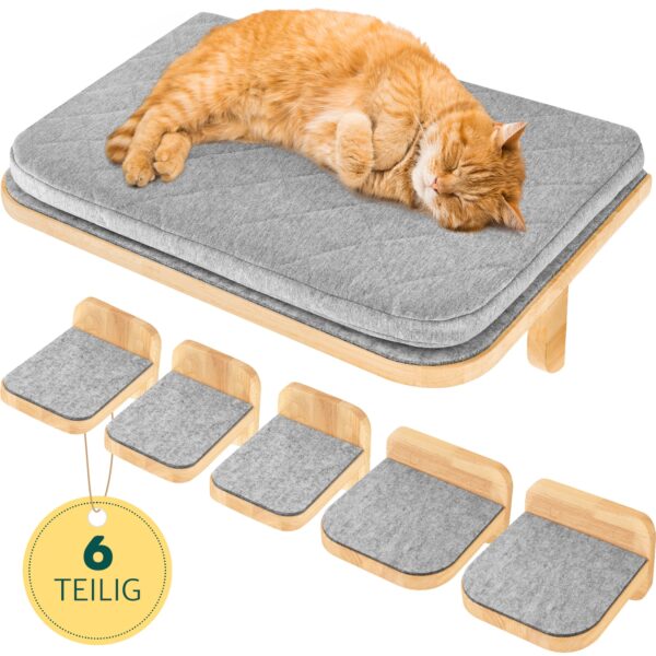 HAPPYPET Katzen Kletterwand Set 6-teilig für große Katzen – Wandkratzbaum mit Katzenbett