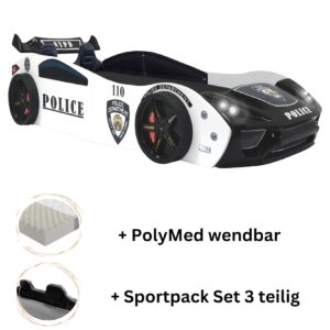 Autobett "Police" + Sportsitze Spielbett für Kinder 90x200 inkl. Lattenrost und PolyMEd12 Kindermatratze