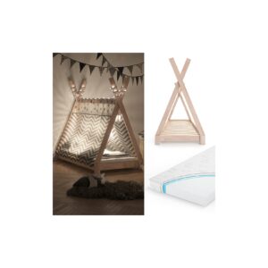 VITALISPA Kinderbett TIPI Indianer Bett Kinderhaus Holz Hausbett 80x160cm Natur mit Matratze