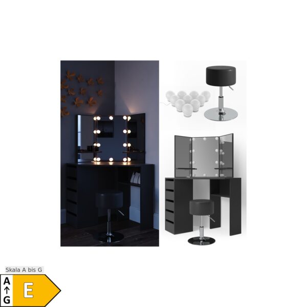 Vicco Schminktisch Arielle Frisiertisch Kommode Frisierkommode Spiegel Schwarz inklusive Hocker und LED-Lichterkette