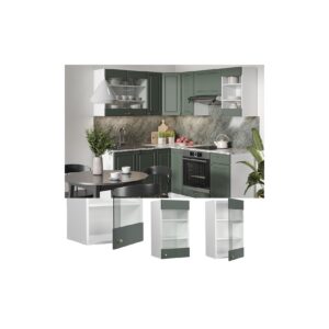 Vicco Hängeglasschrank Küchenschrank Küchenmöbel Fame-Line Weiß Grün-Gold Landhaus 40 cm Küche Einbauküche Hängeschrank Glasschrank Drehtür Einlegeboden Küchenzeile