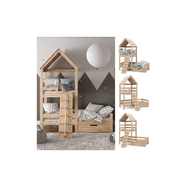 VitaliSpa Spielturmbett Kinderbett Spielbett Teddy Natur modern 208x235 cm Massivholz Kinderzimmer Lattenrost Bett Schublade Abenteuerbett Kletterbett