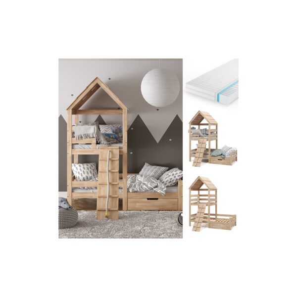 VitaliSpa Spielturmbett Kinderbett Spielbett Teddy Natur modern 208x235 cm Massivholz Kinderzimmer Lattenrost Bett Schublade Matratze Abenteuerbett Kletterbett