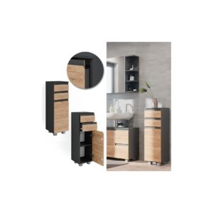 Vicco Midischrank Badschrank Badezimmermöbel J-shape Anthrazit Eiche modern 30x95cm Badezimmer Schrank Badmöbel Schranktür Schrankschublade Schrankfach Ablage Aufbewahrung